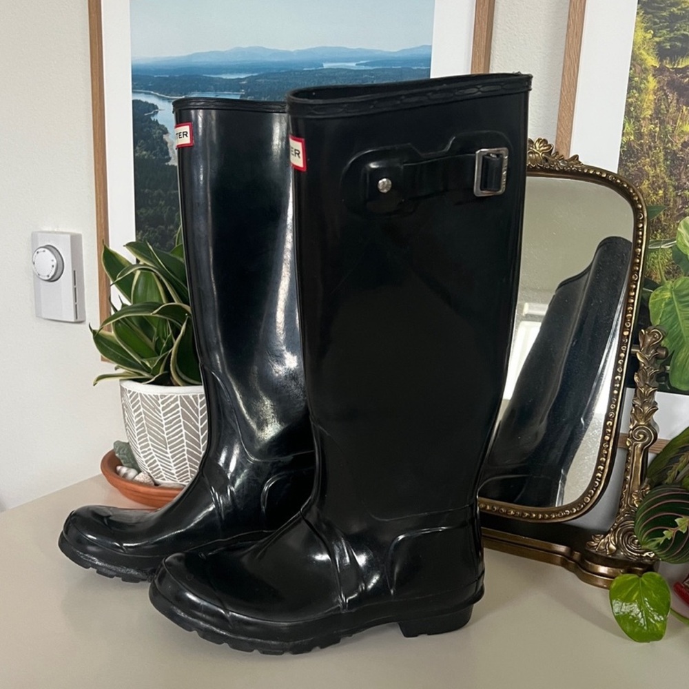 Hunter Original Tall Glass Black Rain Boots 7